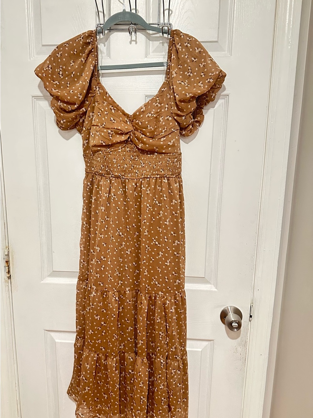 Trixxi Rust Floral Maxi Dress with Puff Sleeves